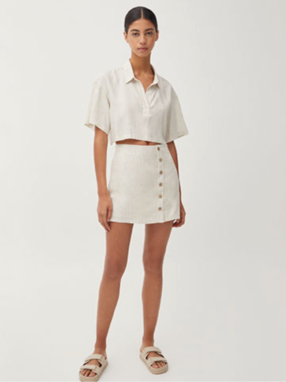 Pull&Bear Button-Front Linen Blend Skirt cream size M